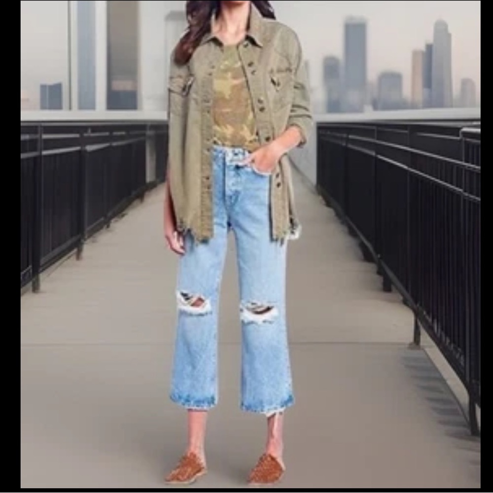 Free People MOONCHILD Distressed Denim Shirt Jacket  Army Green Baggy NWT